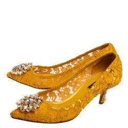 Pre Owned Dolce & Gabbana Yellow Lace Crystal Embellished Pumps Size 37