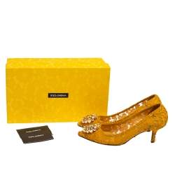 Pre Owned Dolce & Gabbana Yellow Lace Crystal Embellished Pumps Size 37