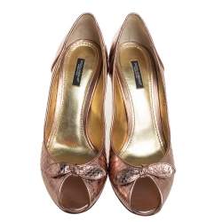 Dolce & Gabbana Metallic Bronze Python Embossed Leather Peep Toe Pumps Size 41
