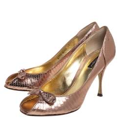 Dolce & Gabbana Metallic Bronze Python Embossed Leather Peep Toe Pumps Size 41