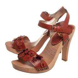 Dolce & Gabbana Brown Leather Charms Wood Sandals Size 39