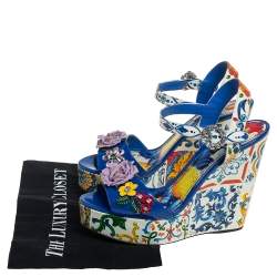 Pre Owned Dolce & Gabbana Multicolor Floral Printed Leather Wedge Platform Ankle Strap Sandals Size 39