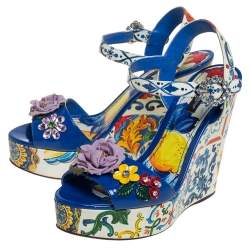 Pre Owned Dolce & Gabbana Multicolor Floral Printed Leather Wedge Platform Ankle Strap Sandals Size 39