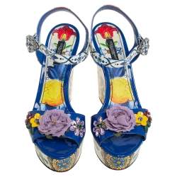 Pre Owned Dolce & Gabbana Multicolor Floral Printed Leather Wedge Platform Ankle Strap Sandals Size 39