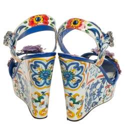 Pre Owned Dolce & Gabbana Multicolor Floral Printed Leather Wedge Platform Ankle Strap Sandals Size 39
