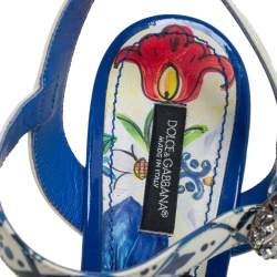 Pre Owned Dolce & Gabbana Multicolor Floral Printed Leather Wedge Platform Ankle Strap Sandals Size 39