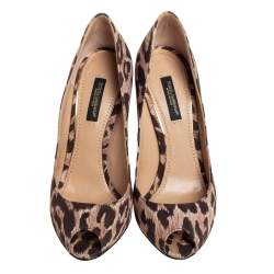 Pre Owned Dolce & Gabbana Brown/Beige Leopard Print Fabric Peep Toe Pumps Size 36