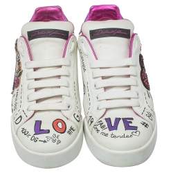 Pre Owned Dolce & Gabbana White Leather Patch Embroidered Low Top Sneakers Size 38