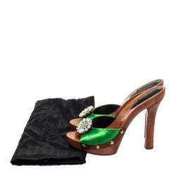 Pre Owned Dolce & Gabbana Green Satin Crystal Embellished Wooden Mule Sandals Size 37