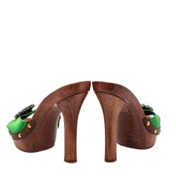 Pre Owned Dolce & Gabbana Green Satin Crystal Embellished Wooden Mule Sandals Size 37