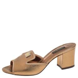 Pre Owned Dolce & Gabbana Gold Lizard Embossed Leather Slide Sandals Size 36.5