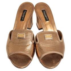 Pre Owned Dolce & Gabbana Gold Lizard Embossed Leather Slide Sandals Size 36.5