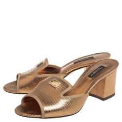 Pre Owned Dolce & Gabbana Gold Lizard Embossed Leather Slide Sandals Size 36.5