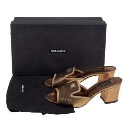 Pre Owned Dolce & Gabbana Gold Lizard Embossed Leather Slide Sandals Size 36.5