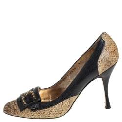 Dolce & Gabbana Black/Beige Python and Leather Buckle Detail Fringe Pumps Size 37.5