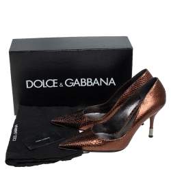 Pre Owned Dolce & Gabbana Metallic Bronze Snakeskin Pointed Toe Pumps Size 38.5