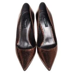 Pre Owned Dolce & Gabbana Metallic Bronze Snakeskin Pointed Toe Pumps Size 38.5