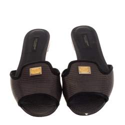 Pre Owned Dolce & Gabbana Dark Grey Lizard Embossed Leather Sofia Slides Size 37.5