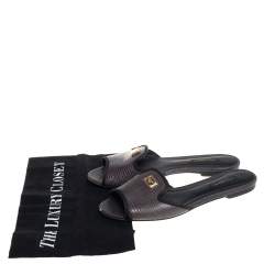 Pre Owned Dolce & Gabbana Dark Grey Lizard Embossed Leather Sofia Slides Size 37.5