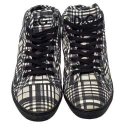 Pre Owned Dolce & Gabbana White/ Black Check Fabric High Top Sneakers Size 41