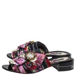 Pre Owned Dolce & Gabbana Multicolor Floral Printed Fabric Crystal Embellished Bow Open Toe Flat Mules Size 41