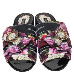 Pre Owned Dolce & Gabbana Multicolor Floral Printed Fabric Crystal Embellished Bow Open Toe Flat Mules Size 41