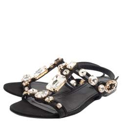 Pre Owned صندل إصبع فلات دولتشي آند غابانا قماش وشبك أسود بزخارف كريستال مقاس 39.5