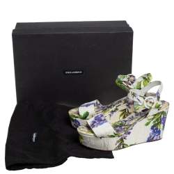 Pre Owned Dolce & Gabbana White Floral Print Canvas Ankle Strap Wedge Sandals Size 39