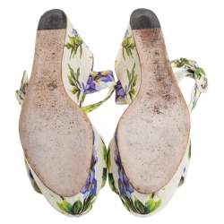 Pre Owned Dolce & Gabbana White Floral Print Canvas Ankle Strap Wedge Sandals Size 39