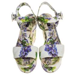 Pre Owned Dolce & Gabbana White Floral Print Canvas Ankle Strap Wedge Sandals Size 39