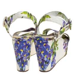Pre Owned Dolce & Gabbana White Floral Print Canvas Ankle Strap Wedge Sandals Size 39