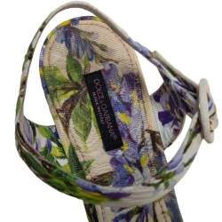 Pre Owned Dolce & Gabbana White Floral Print Canvas Ankle Strap Wedge Sandals Size 39