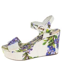Pre Owned Dolce & Gabbana White Floral Print Canvas Ankle Strap Wedge Sandals Size 39