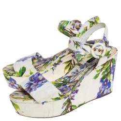 Pre Owned Dolce & Gabbana White Floral Print Canvas Ankle Strap Wedge Sandals Size 39