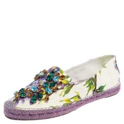 Pre Owned Dolce & Gabbana White Floral Print Canvas Crystal Embellished Espadrille Flats Size 41
