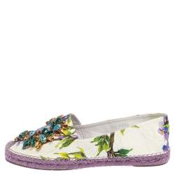 Pre Owned Dolce & Gabbana White Floral Print Canvas Crystal Embellished Espadrille Flats Size 41