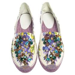 Pre Owned Dolce & Gabbana White Floral Print Canvas Crystal Embellished Espadrille Flats Size 41