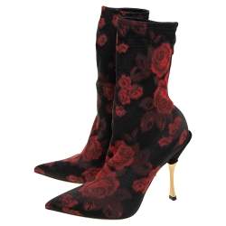 Pre Owned Dolce & Gabbana Black/Red Gardinale Stretch Fabric Ankle Booties Size 37.5