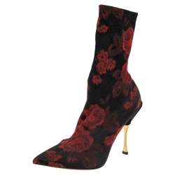 Pre Owned Dolce & Gabbana Black/Red Gardinale Stretch Fabric Ankle Booties Size 37.5