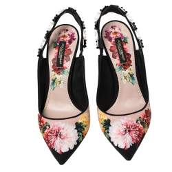 Pre Owned Dolce & Gabbana Multicolor Floral Fabric Crystal Embellished Slingback Sandals Size 37