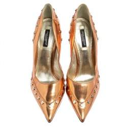 Dolce & Gabbana Metallic Bronze Leather Studded Pointed Toe Pumps Size 38.5