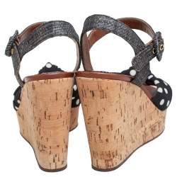 مملوكة مسبقًا Dolce & Gabbana Black Polka Dot Fabric and Raffia Knot Cork Wedge Sandals Size 38