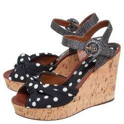 مملوكة مسبقًا Dolce & Gabbana Black Polka Dot Fabric and Raffia Knot Cork Wedge Sandals Size 38