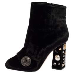 Pre Owned Dolce & Gabbana Black Velvet Embellished Ankle Length Boots Size 39