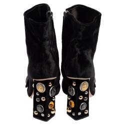 Pre Owned Dolce & Gabbana Black Velvet Embellished Ankle Length Boots Size 39