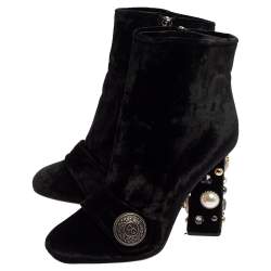 Pre Owned Dolce & Gabbana Black Velvet Embellished Ankle Length Boots Size 39