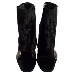 Pre Owned Dolce & Gabbana Black Velvet Embellished Ankle Length Boots Size 39