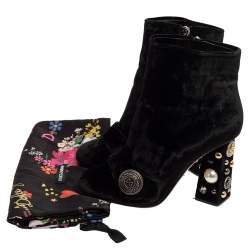 Pre Owned Dolce & Gabbana Black Velvet Embellished Ankle Length Boots Size 39