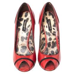 Pre Owned Dolce & Gabbana Red Leather Peep Toe Pumps Size 37.5