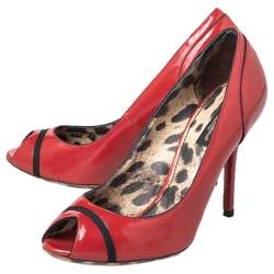 Pre Owned Dolce & Gabbana Red Leather Peep Toe Pumps Size 37.5